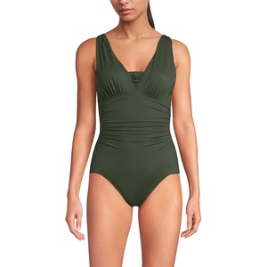 Lands’ End Women’s SlenderSuit Grecian Low Leg One Piece Swimsuit(Rich Olive Green)