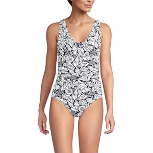 Lands’ End Women’s SlenderSuit Grecian Low Leg One Piece Swimsuit(Tossed Shells/Deep Sea Navy)