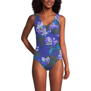 Lands’ End Women’s SlenderSuit Grecian Low Leg One Piece Swimsuit(Violet Etched Floral)