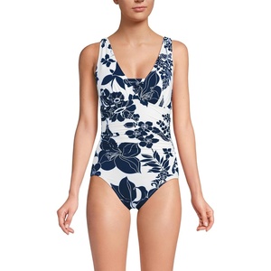 Lands’ End Women’s SlenderSuit Grecian Low Leg One Piece Swimsuit(White/Deep Sea Navy Lilies)