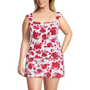 Lands’ End Womens Square Neck Underwire Square Back Tankini Swimsuit Top(Red Graphic Floral)