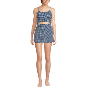 Lands’ End Women’s Tugless Monokini Swim Dress Swimsuit(Deep Sea Navy Gingham)