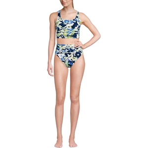 Lands’ End Women’s Tugless Tankini Top and High Waisted Bottom Swimsuit Set(Deep Sea Navy Multi Floral)