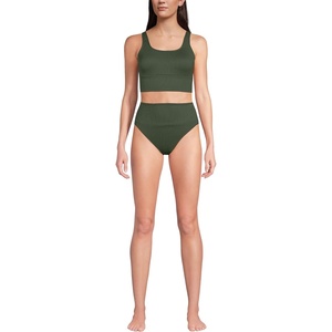 Lands’ End Women’s Tugless Tankini Top and High Waisted Bottom Swimsuit Set(Rich Olive Green Ottoman)