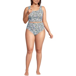 Lands’ End Women’s Tugless Tankini Top and High Waisted Bottom Swimsuit Set(White/Lilac Multi Ditsy Floral)