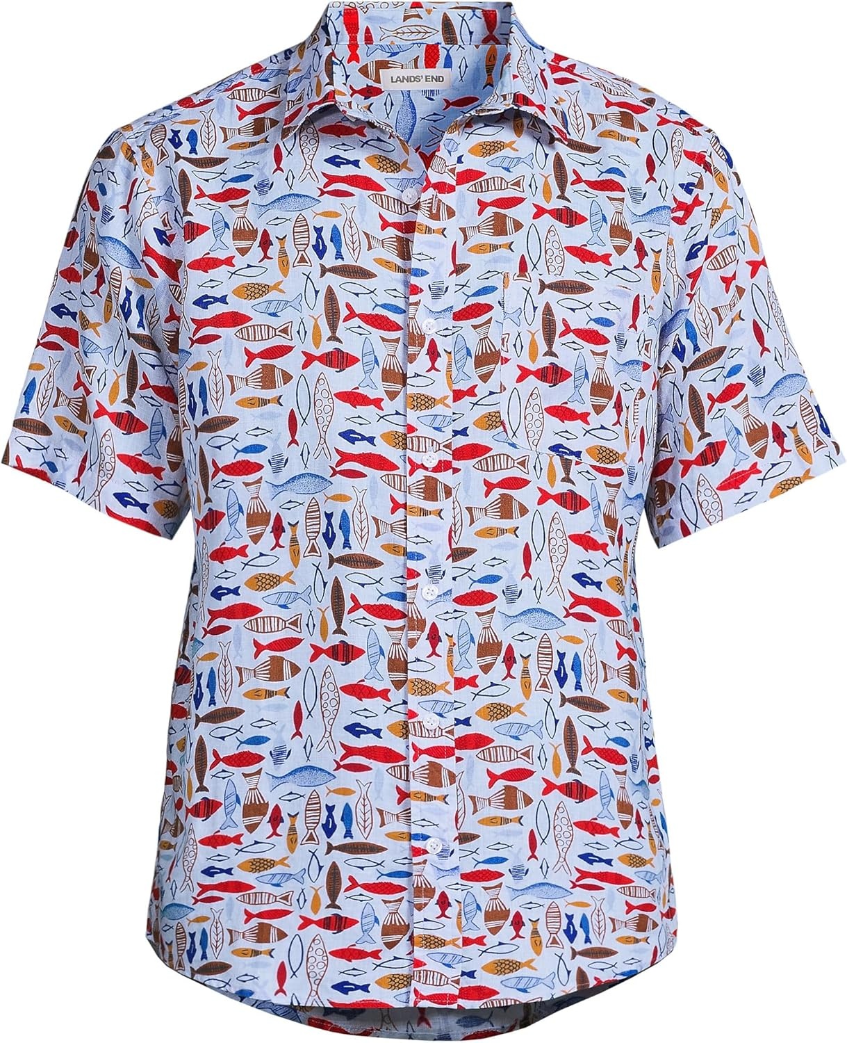 image:imageLands End Mens Traditional Fit Short Sleeve Linen ShirtCherry FishSky Blue