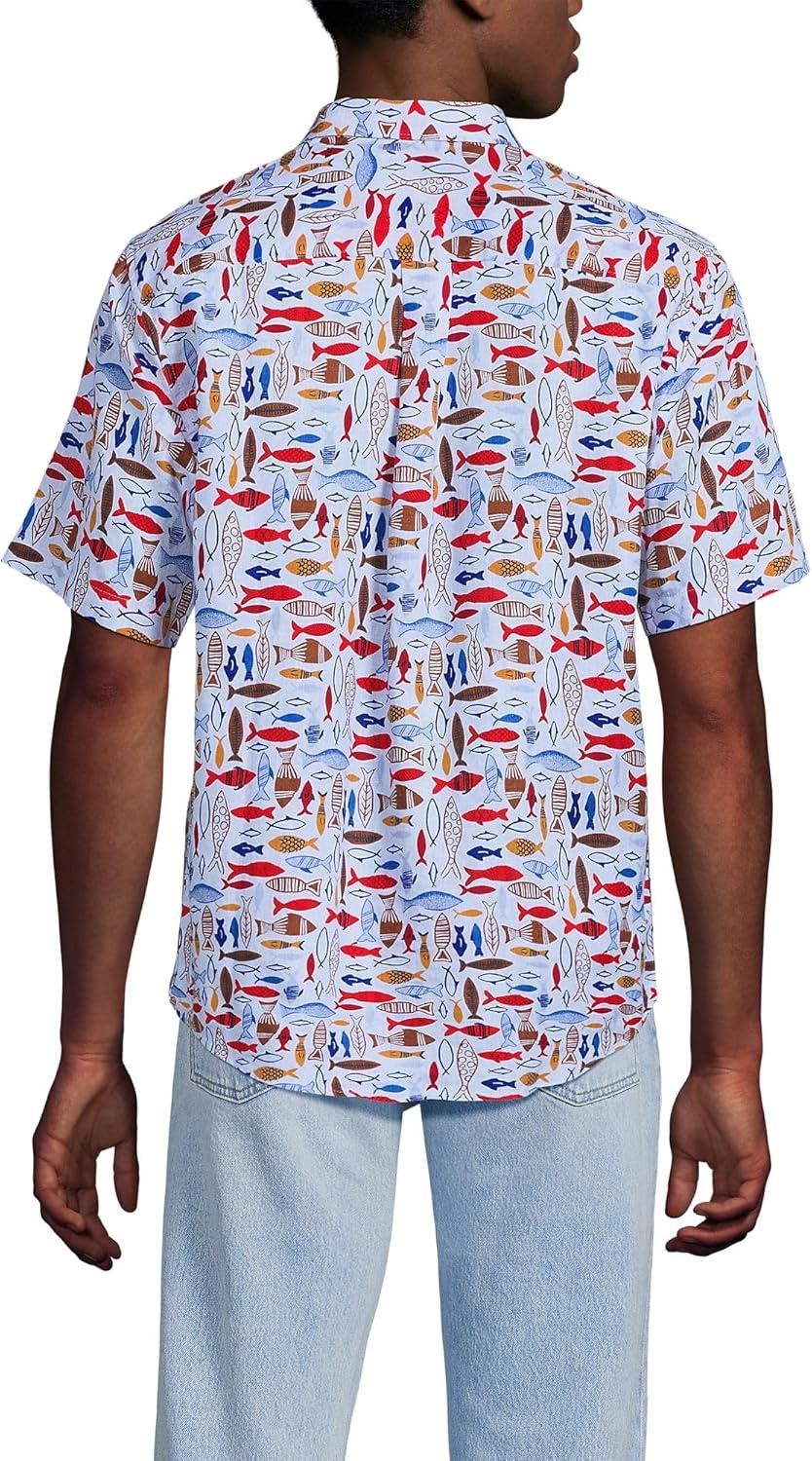 image:imageLands End Mens Traditional Fit Short Sleeve Linen ShirtCherry FishSky Blue