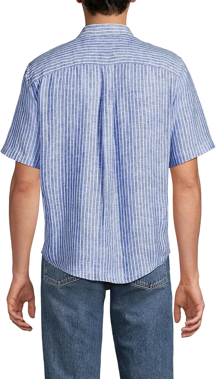 image:imageLands End Mens Traditional Fit Short Sleeve Linen ShirtPale Sapphire Stripe