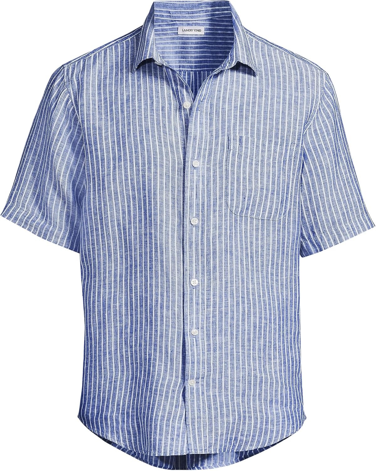 image:imageLands End Mens Traditional Fit Short Sleeve Linen ShirtPale Sapphire Stripe