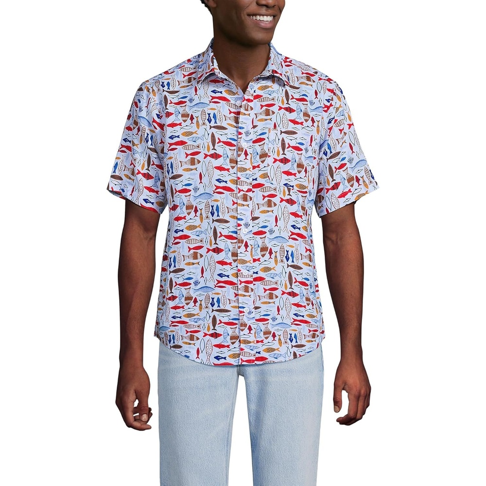 image:imageLands End Mens Traditional Fit Short Sleeve Linen ShirtCherry FishSky Blue