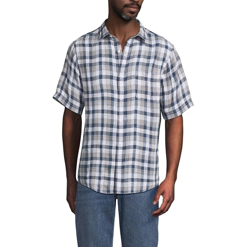 image:imageLands End Mens Traditional Fit Short Sleeve Linen ShirtLight Indigo BlueTan Plaid