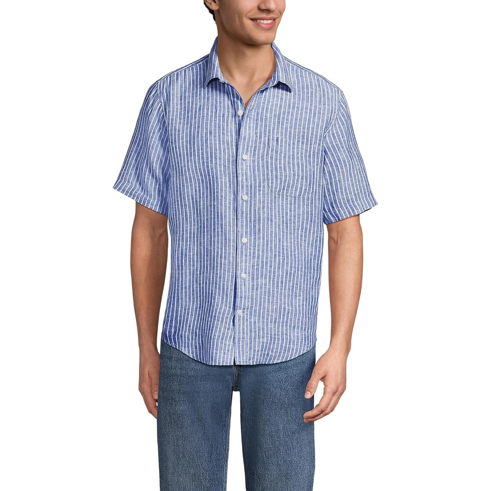 image:imageLands End Mens Traditional Fit Short Sleeve Linen ShirtPale Sapphire Stripe