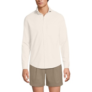 Lands’ End Men’s Long Sleeve Knit Travel Kit Oxford Shirt(Ivory Latte Birdseye)