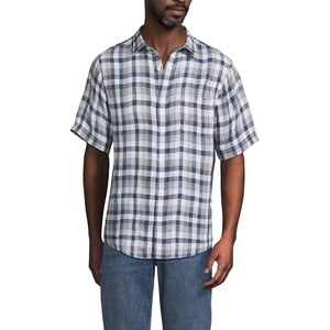 Lands’ End Men’s Traditional Fit Short Sleeve Linen Shirt(Light Indigo Blue/Tan Plaid)