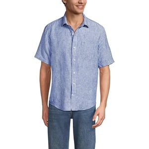 Lands’ End Men’s Traditional Fit Short Sleeve Linen Shirt(Pale Sapphire Stripe)