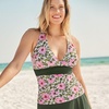 Lands’ End Women’s Chlorine Resistant Plunge X-Back Tankini Swimsuit Top(Pink Floral/Border Mix)