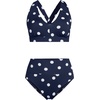 Lands’ End Women’s Chlorine Resistant V-Neck Midkini Swimsuit Top and High Leg High Waisted Bottoms 2 Piece Set(Deep Sea Navy Polka Dot)