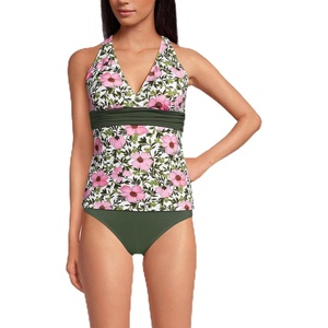 Lands’ End Women’s Chlorine Resistant Plunge X-Back Tankini Swimsuit Top(Pink Floral/Border Mix)