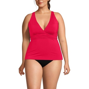Lands’ End Women’s Chlorine Resistant Plunge X-Back Tankini Swimsuit Top(Strawberry)