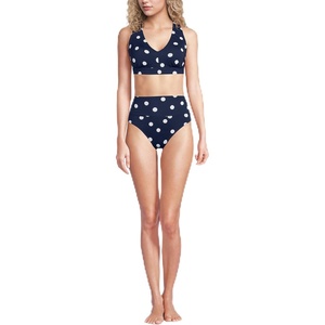 Lands’ End Women’s Chlorine Resistant V-Neck Midkini Swimsuit Top and High Leg High Waisted Bottoms 2 Piece Set(Deep Sea Navy Polka Dot)