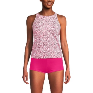 Lands’ End Women’s Tugless High Neck Strappy Back Tankini Swimsuit Top(Coral Rose/White Ditsy Lilies)