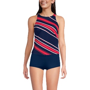 Lands’ End Women’s Tugless High Neck Strappy Back Tankini Swimsuit Top(Diagonal Stripe/Navy)
