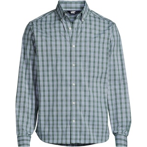 Lands’ End Men’s Long Sleeve Tailored Fit Travel Kit Shirt(Eucalyptus/White Plaid)