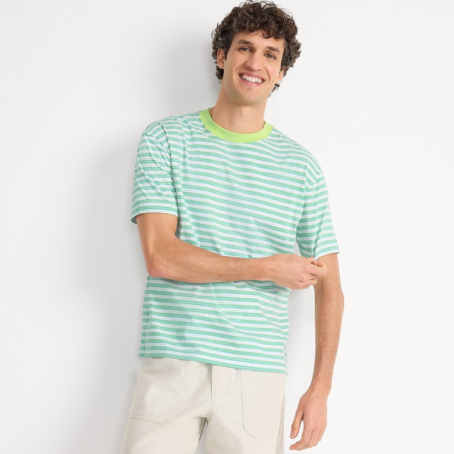 image:imageLands End Mens Short Sleeve SuperT Crew Relaxed Fit TeePale Teal Stripe