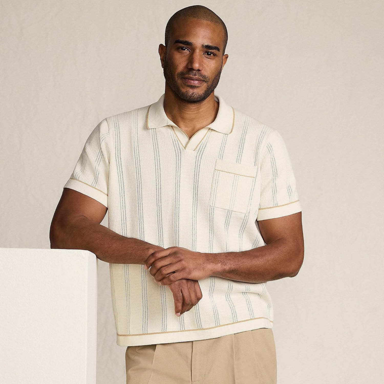 image:imageLands End Mens Short Sleeve Textured Tipped Sweater PoloIvory Latte