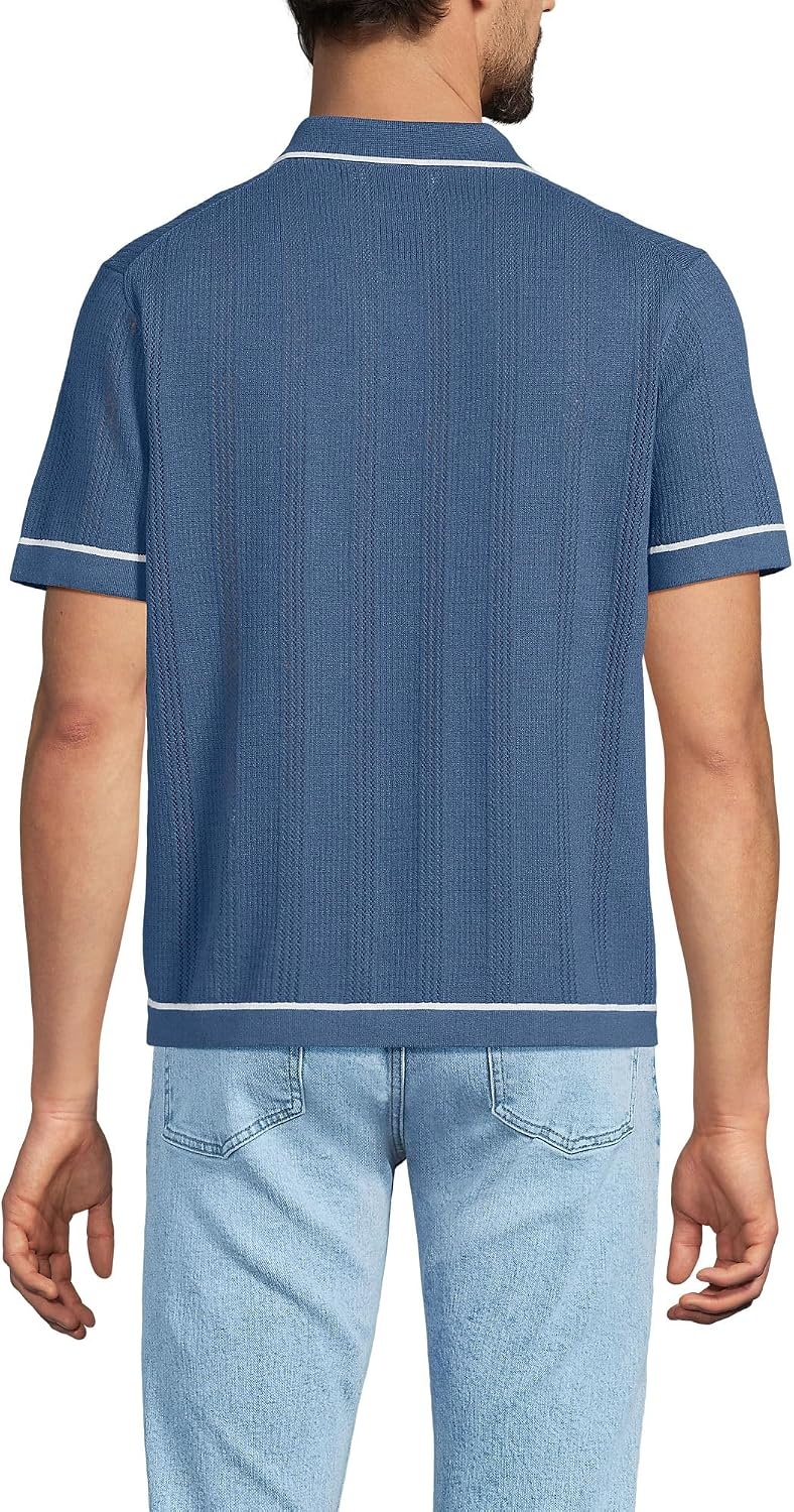 image:imageLands End Mens Short Sleeve Textured Tipped Sweater PoloNightfall Blue