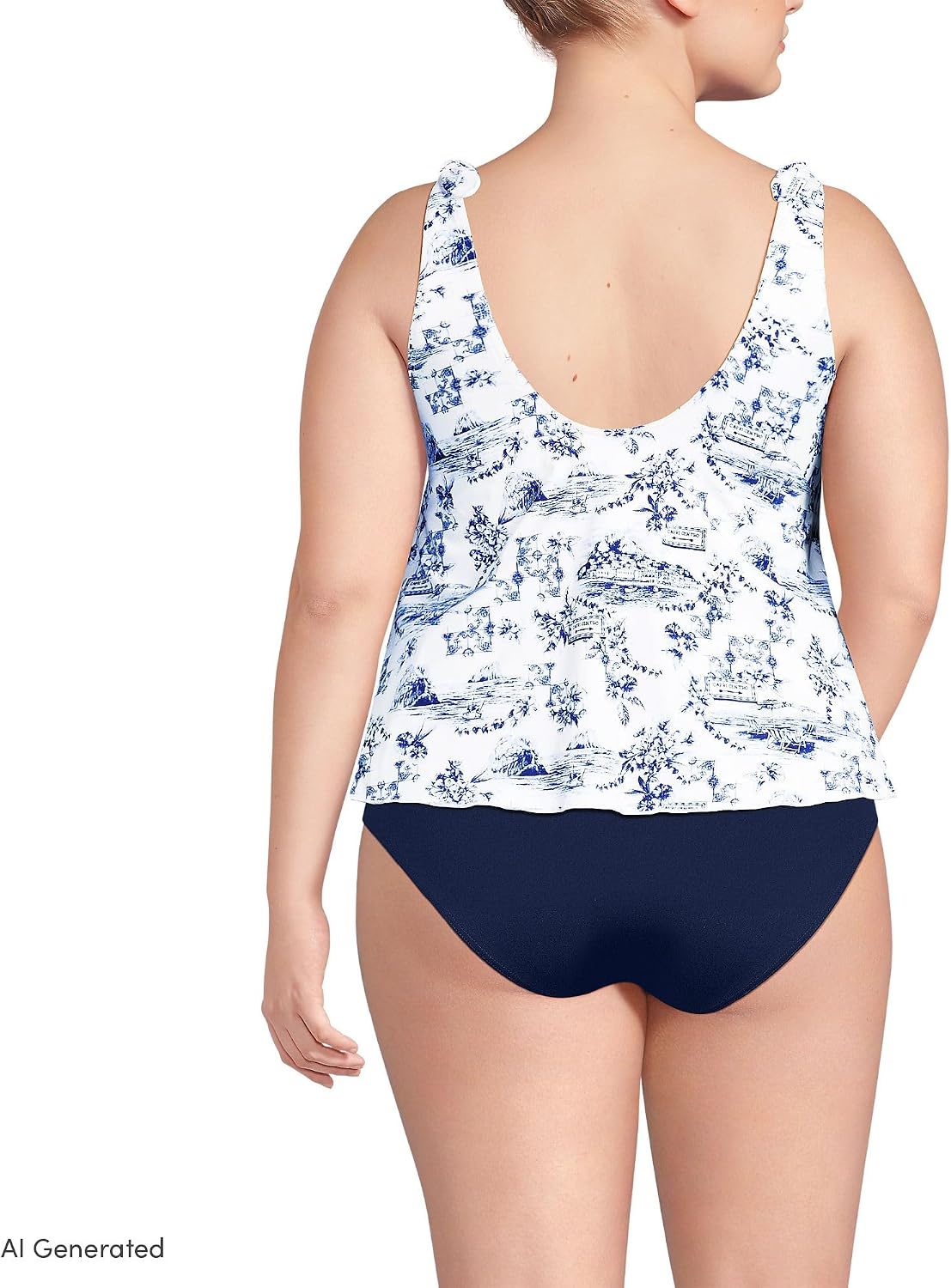 image:imageLands End Womens Chlorine Resistant VNeck Shoulder Tie Flutter Tankini Swimsuit TopWhiteBlue Toile