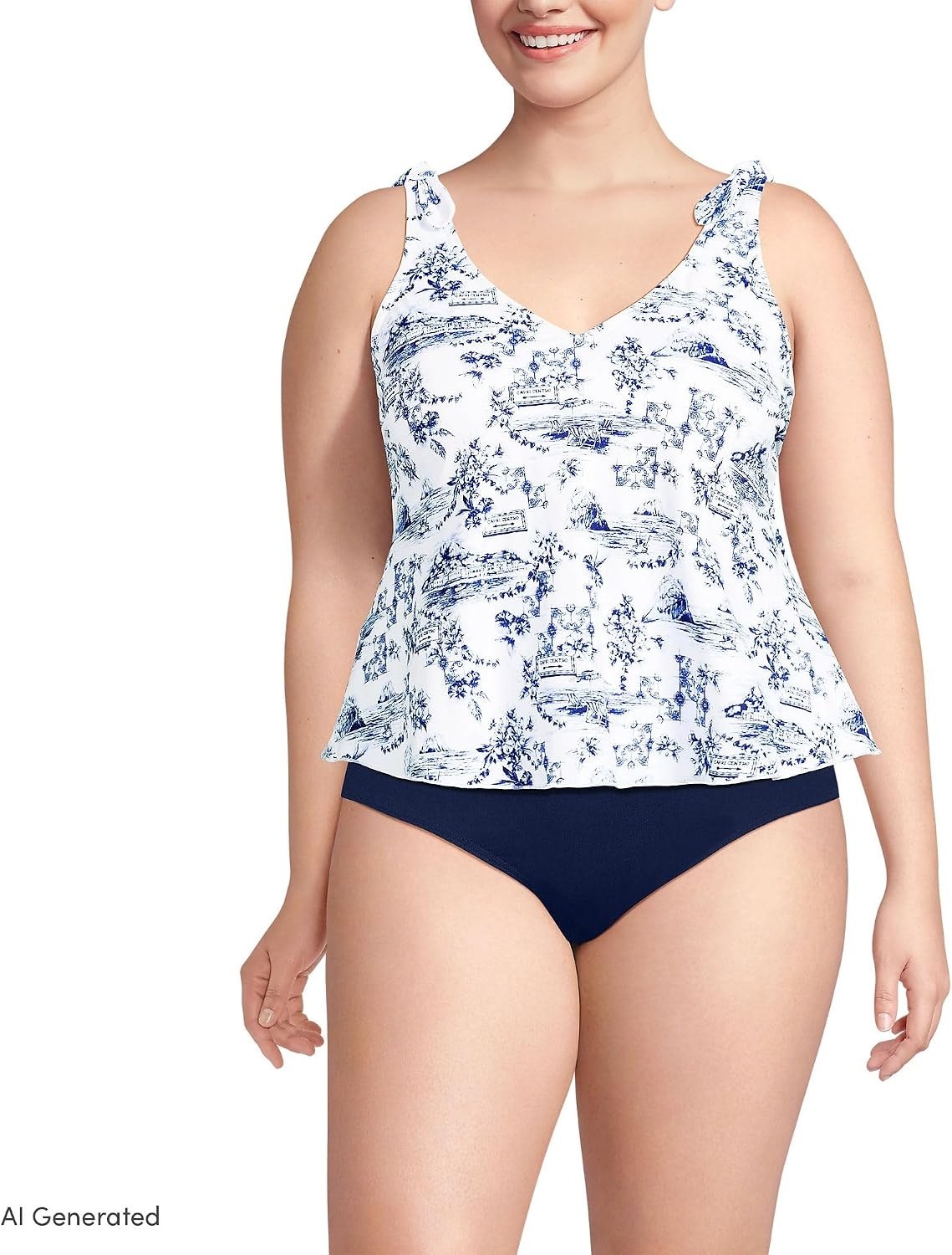 image:imageLands End Womens Chlorine Resistant VNeck Shoulder Tie Flutter Tankini Swimsuit TopWhiteBlue Toile