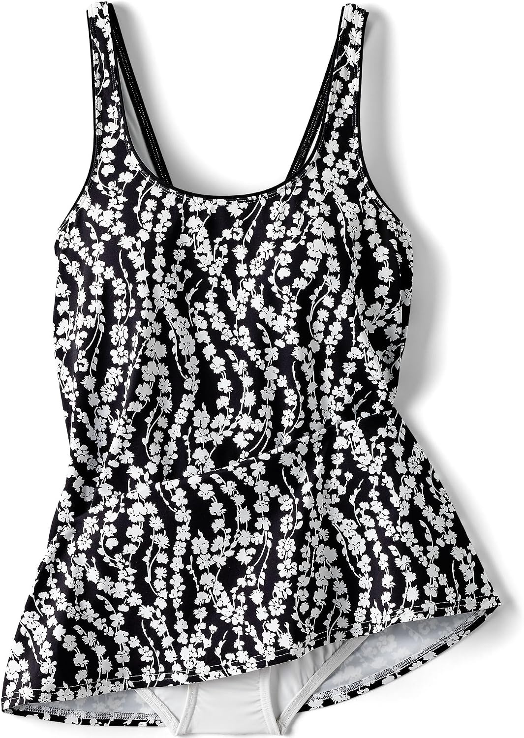 image:imageLands End Womens DCup Scoop Neck Swim Dress SwimsuitBlackWhite Vine Floral
