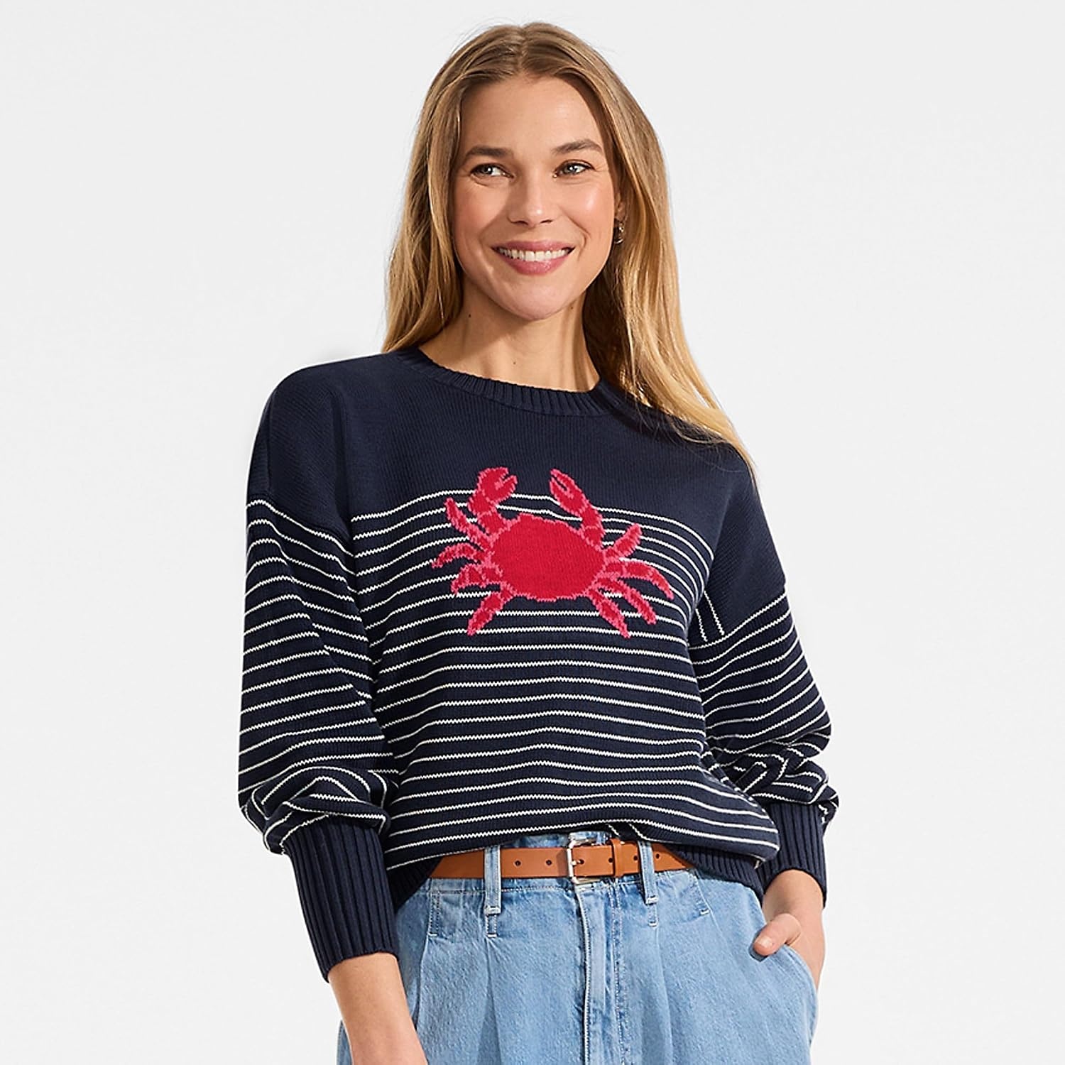 image:imageLands End Womens Drifter Jersey Crewneck SweaterRed CrabNavy
