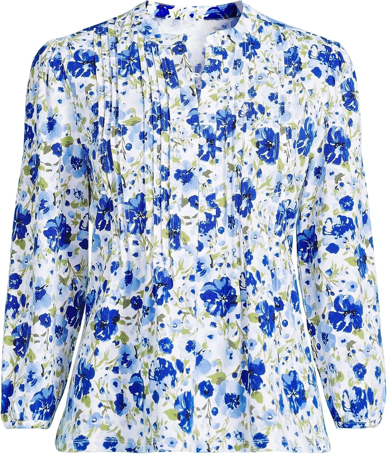 image:imageLands End Womens Lightweight Jersey Button Pintuck TopClear Blue Painted Blooms