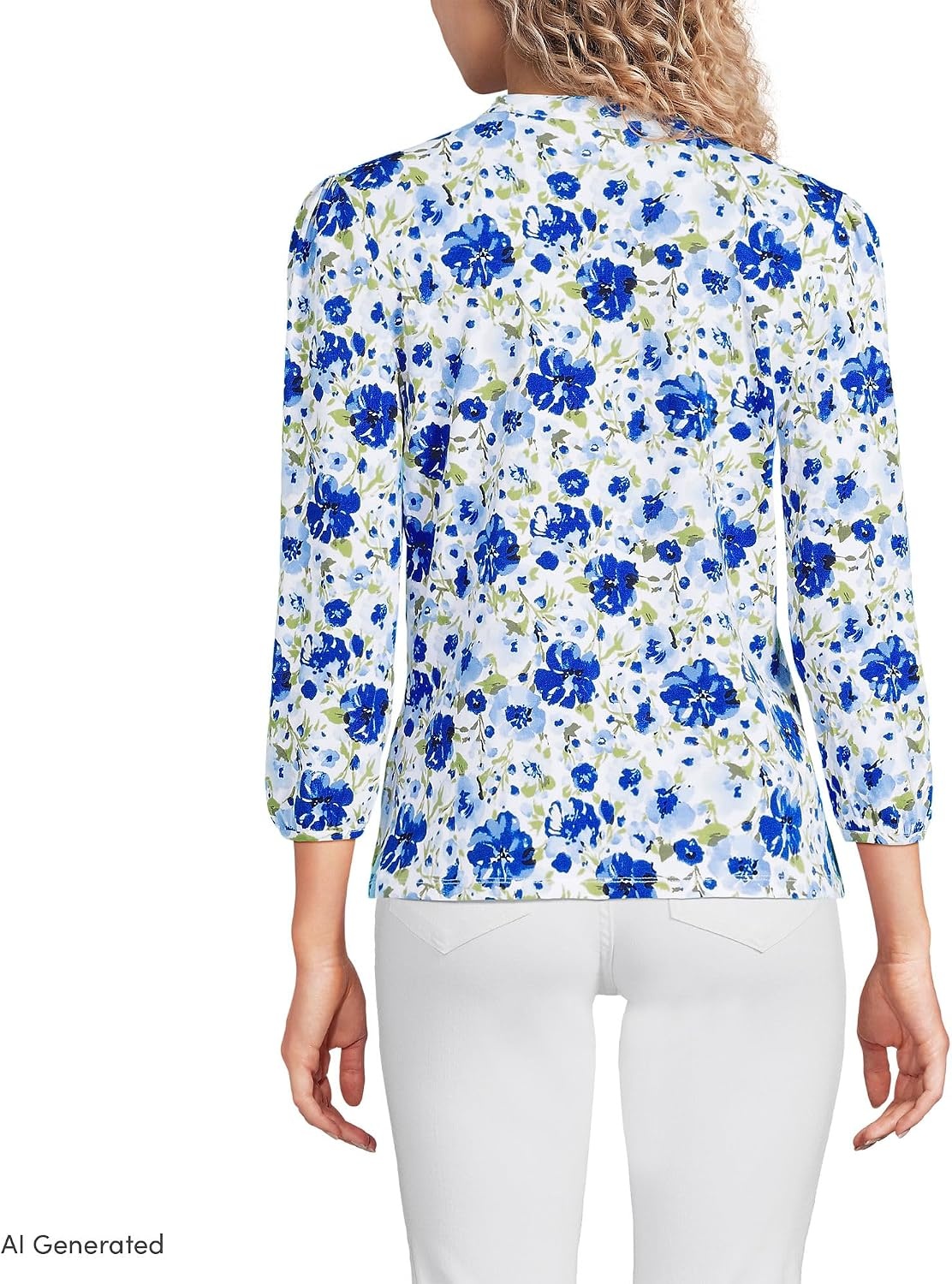 image:imageLands End Womens Lightweight Jersey Button Pintuck TopClear Blue Painted Blooms