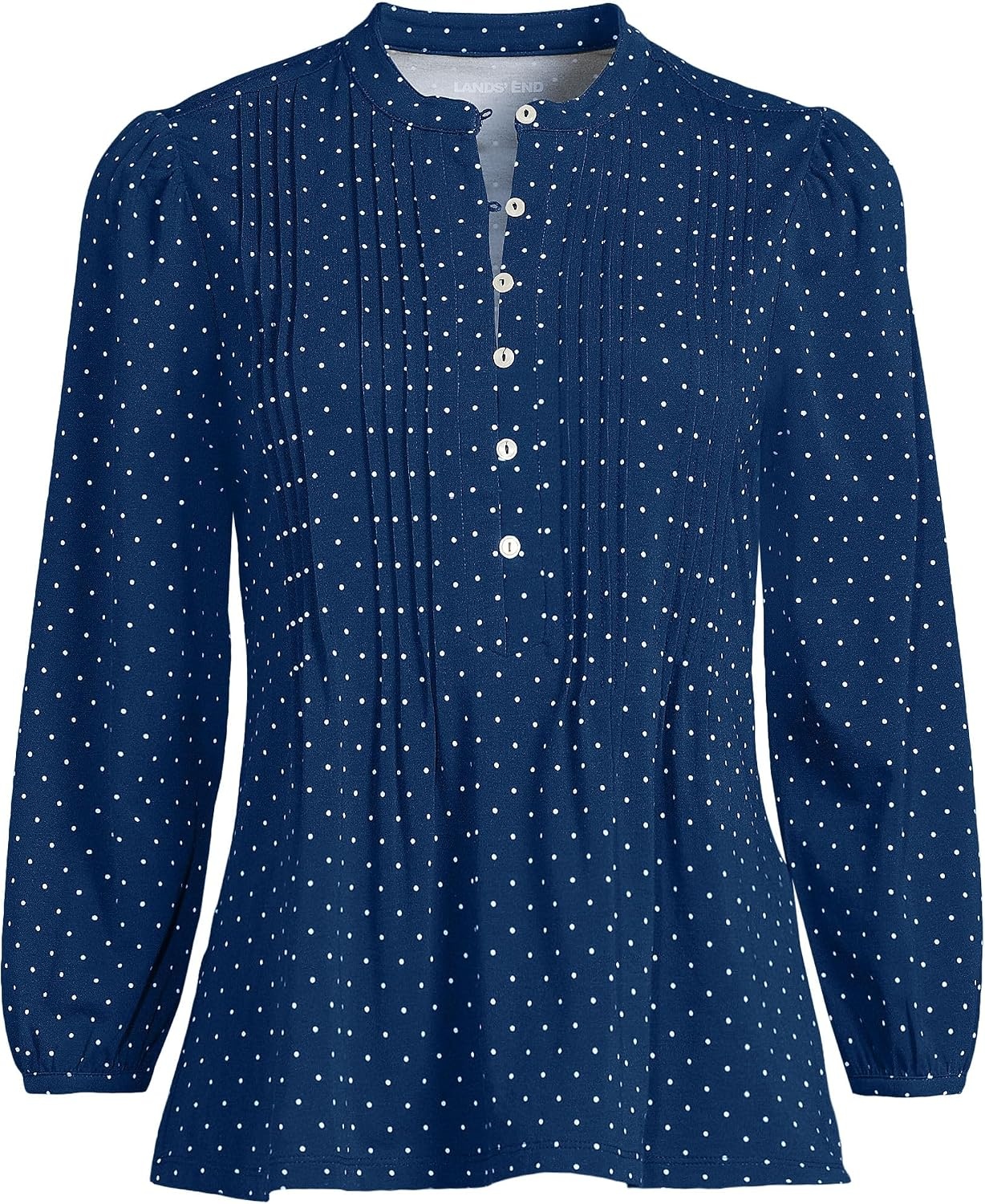 image:imageLands End Womens Lightweight Jersey Button Pintuck TopDeep Sea Navy Pin Dot
