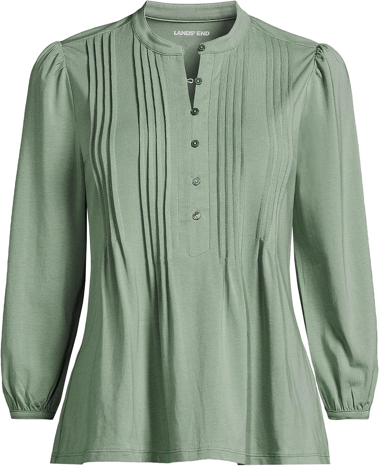 image:imageLands End Womens Lightweight Jersey Button Pintuck TopLily Pad Green