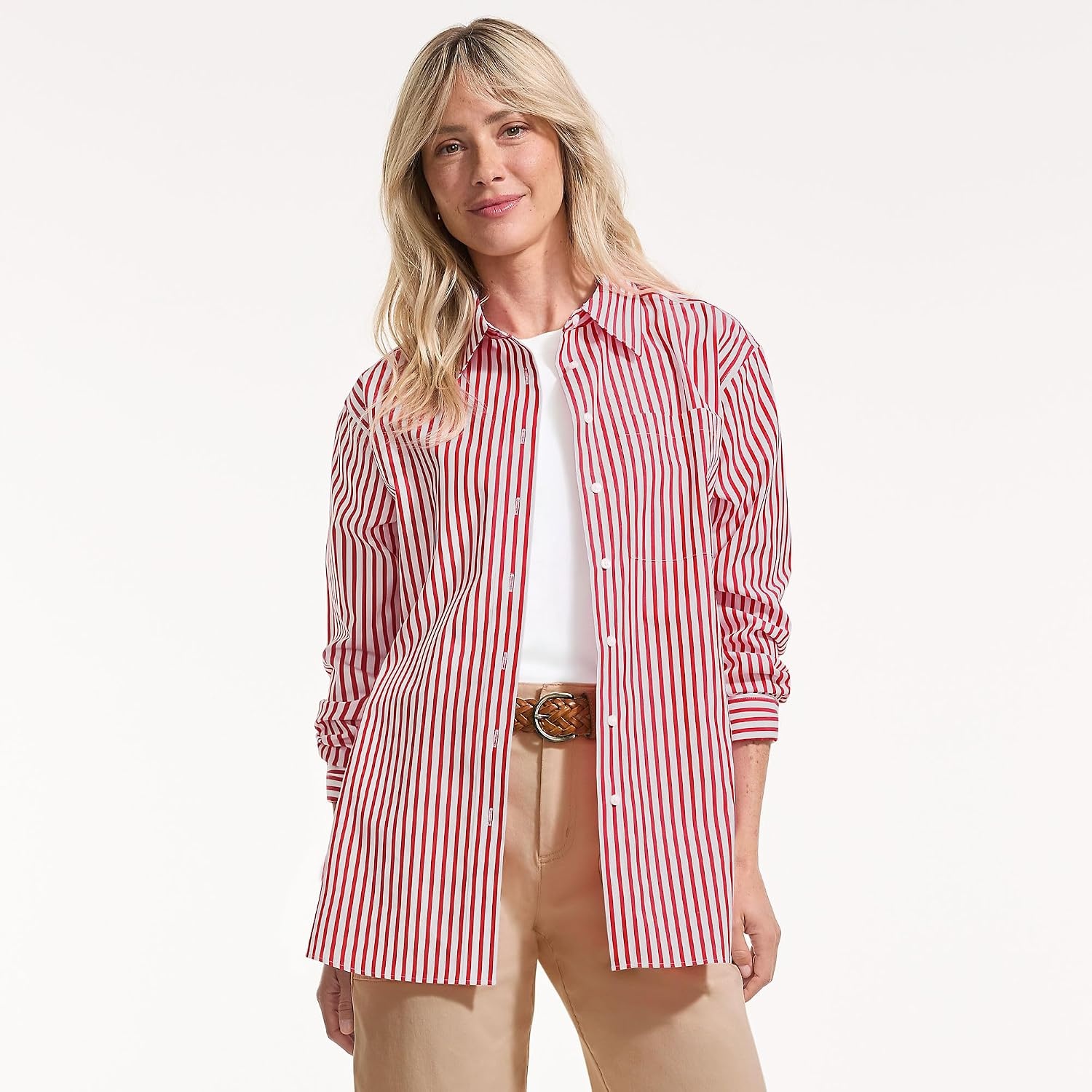 image:imageLands End Womens No Iron Oversized Poplin Extra Long TunicWhiteCompass Red Stripe