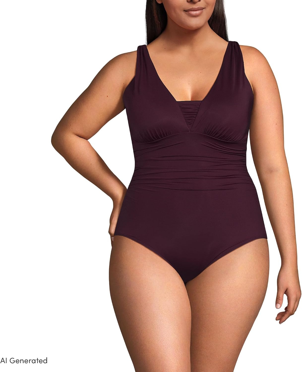 image:imageLands End Womens Plus Size DDCup Slender Grecian Tummy Control Chlorine Resistant One Piece SwimsuitDark Wine