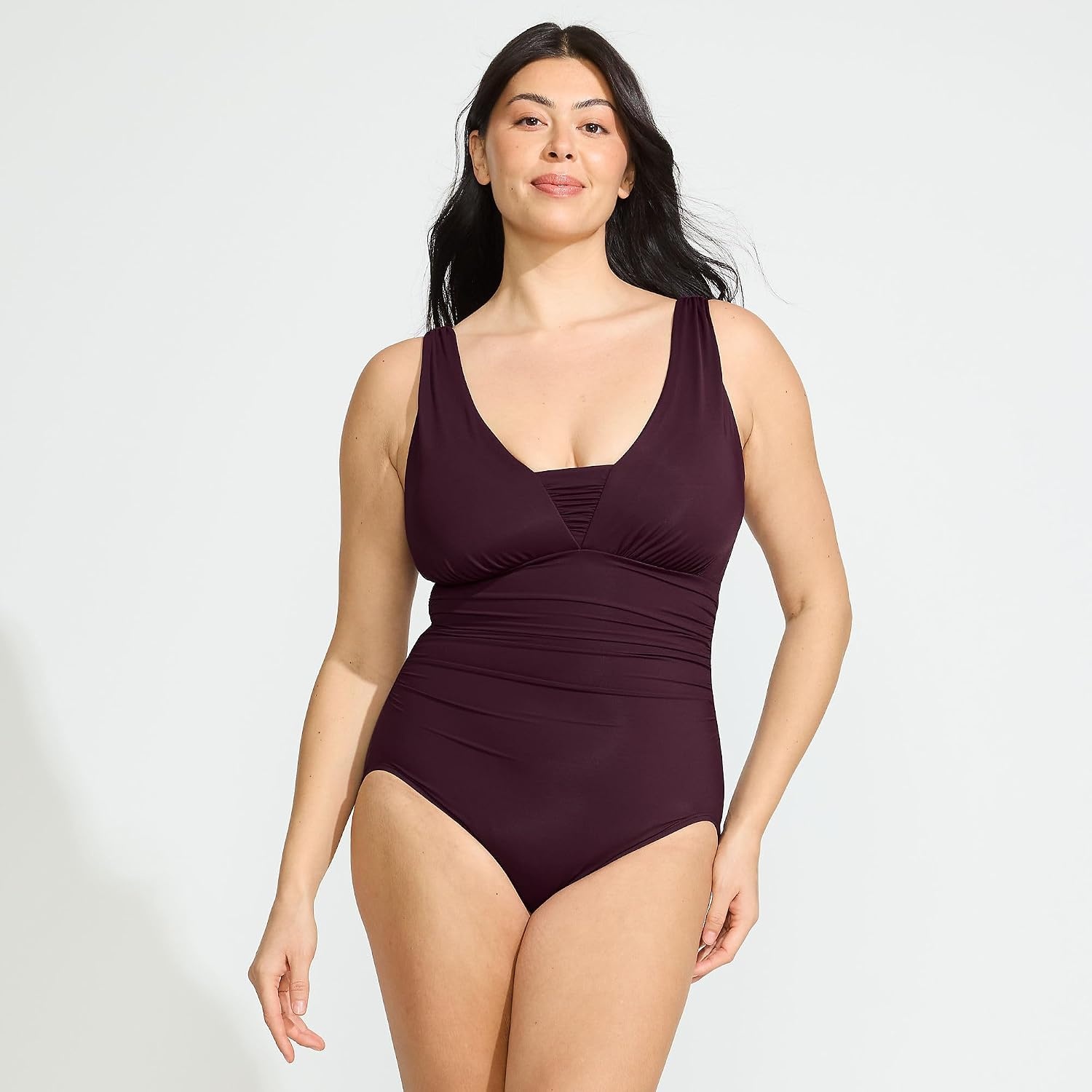 image:imageLands End Womens Plus Size DDCup Slender Grecian Tummy Control Chlorine Resistant One Piece SwimsuitDark Wine