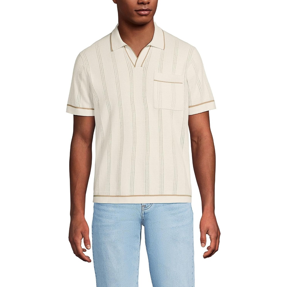 image:imageLands End Mens Short Sleeve Textured Tipped Sweater PoloIvory Latte