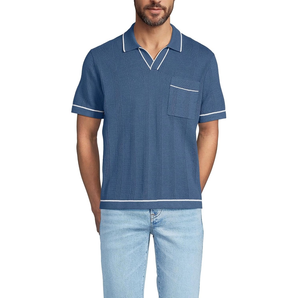image:imageLands End Mens Short Sleeve Textured Tipped Sweater PoloNightfall Blue