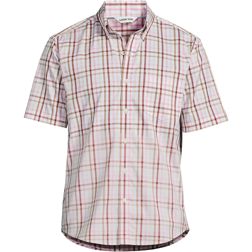 image:imageLands End Mens Traditional Fit Short Sleeve Travel Kit ShirtDesert TanPink Tattersall