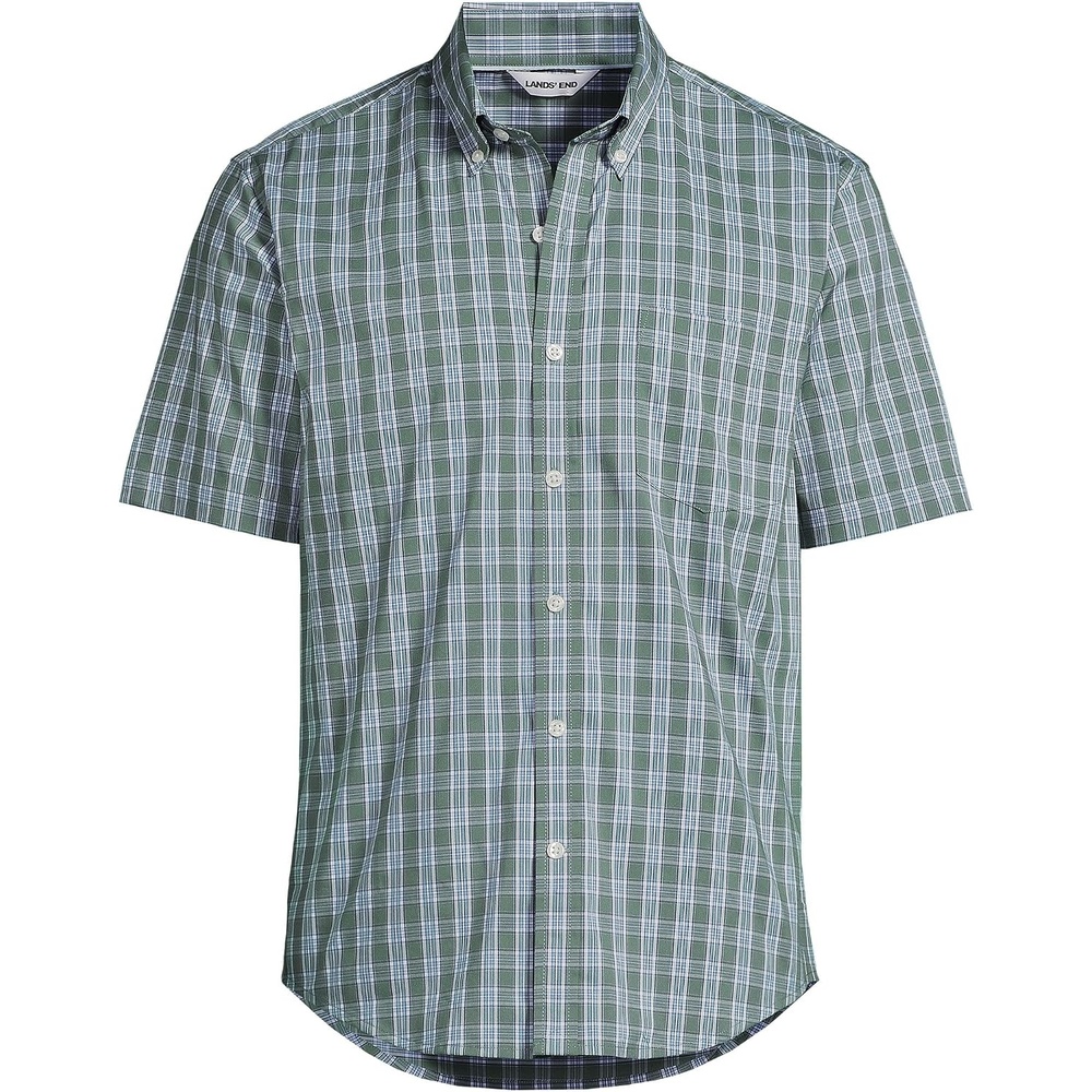 image:imageLands End Mens Traditional Fit Short Sleeve Travel Kit ShirtEucalyptusWhite Plaid