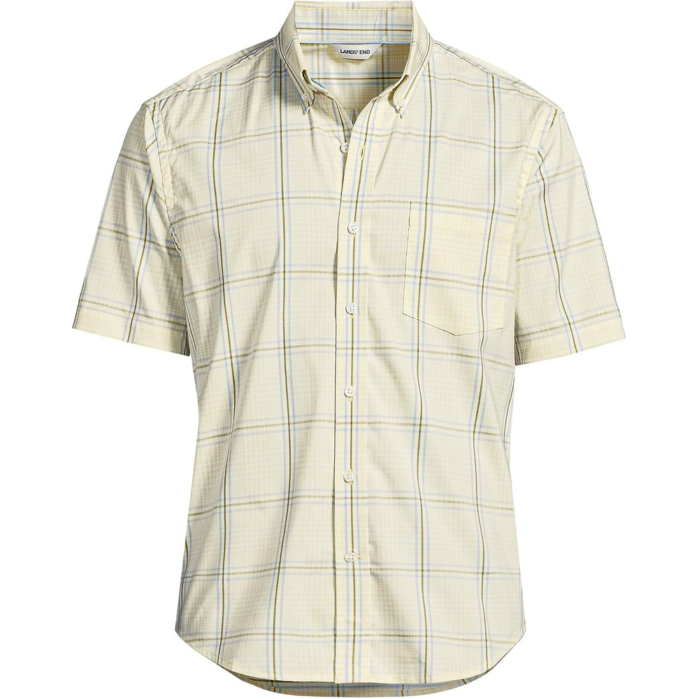 image:imageLands End Mens Traditional Fit Short Sleeve Travel Kit ShirtPale YellowBlue Plaid
