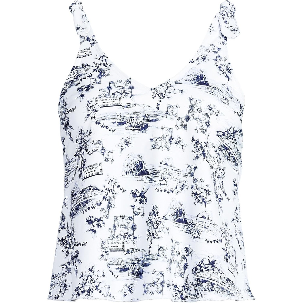image:imageLands End Womens Chlorine Resistant VNeck Shoulder Tie Flutter Tankini Swimsuit TopWhiteBlue Toile