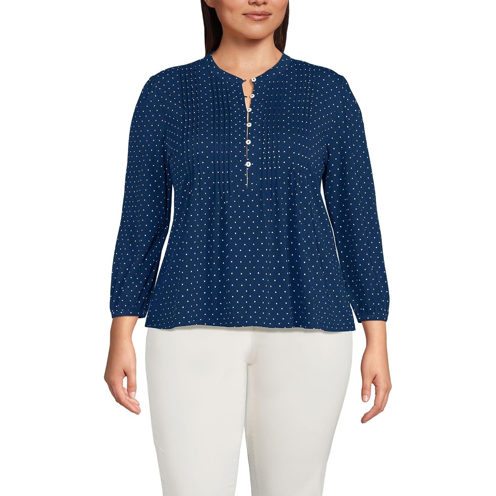 image:imageLands End Womens Lightweight Jersey Button Pintuck TopDeep Sea Navy Pin Dot