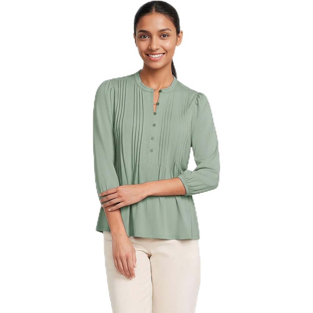 image:imageLands End Womens Lightweight Jersey Button Pintuck TopLily Pad Green