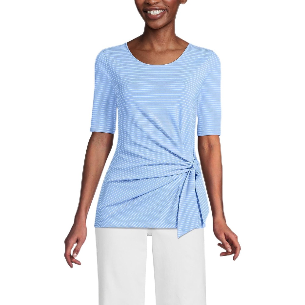 image:imageLands End Womens Lightweight Jersey Tie Front TopClear Blue Sky Thin Stripe